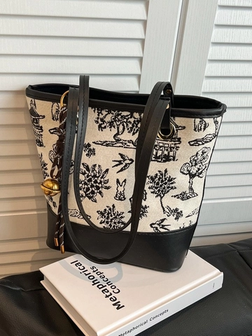Borsa Tote da Donna Retro in Stile Cinese Stampa Paesaggio Tela Pelle PU Grande Capacità Borsa a Secchiello Pendolare