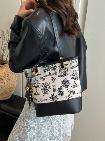 Borsa Tote da Donna Retro in Stile Cinese Stampa Paesaggio Tela Pelle PU Grande Capacità Borsa a Secchiello Pendolare