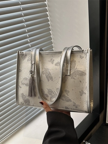 Schmetterling Druck PU Leder Tote Bag Große Kapazität Mit Quaste Anhänger Für Frauen Elegante Pendeln Schultertasche