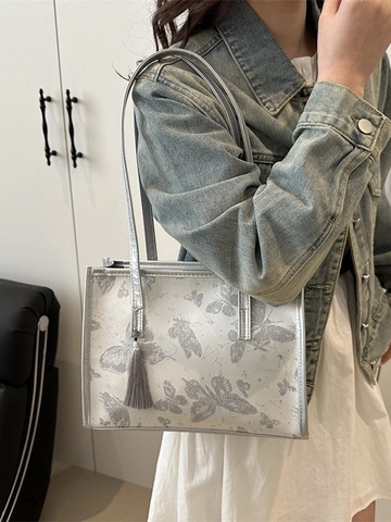 Schmetterling Druck PU Leder Tote Bag Große Kapazität Mit Quaste Anhänger Für Frauen Elegante Pendeln Schultertasche
