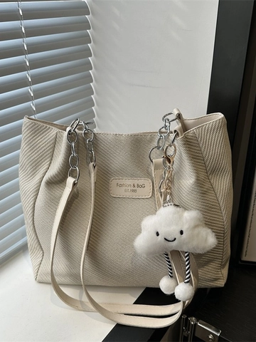 Grote Capaciteit Dames Tote Tas Canvas Twill Schoudertas Metalen Ketting Met Smiley Pluche Wolk Hanger