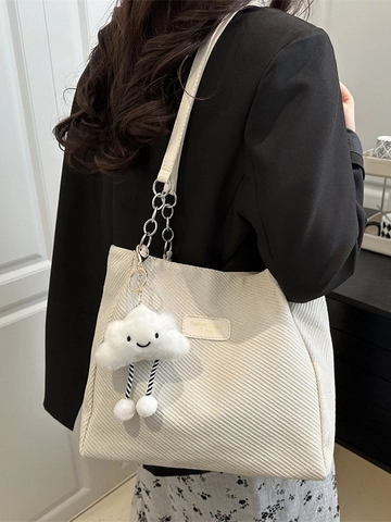 Grote Capaciteit Dames Tote Tas Canvas Twill Schoudertas Metalen Ketting Met Smiley Pluche Wolk Hanger