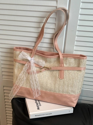 Sac Cabas en Paille Tissée pour Femmes Grande Capacité Nœud en Dentelle Patchwork Été Plage Sac à Épaule Main Décontracté