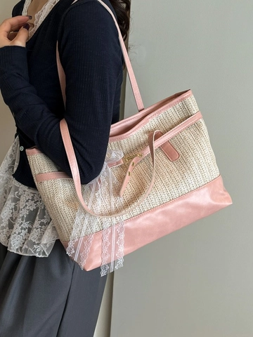 Sac Cabas en Paille Tissée pour Femmes Grande Capacité Nœud en Dentelle Patchwork Été Plage Sac à Épaule Main Décontracté