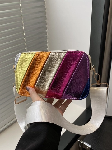 Borsa a Tracolla da Donna a Strisce Diagonali Arcobaleno Metallizzate Piccola Borsa a Camera Con Tracolla Larga in Tessuto Pelle PU