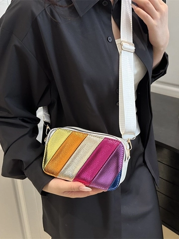 Borsa a Tracolla da Donna a Strisce Diagonali Arcobaleno Metallizzate Piccola Borsa a Camera Con Tracolla Larga in Tessuto Pelle PU