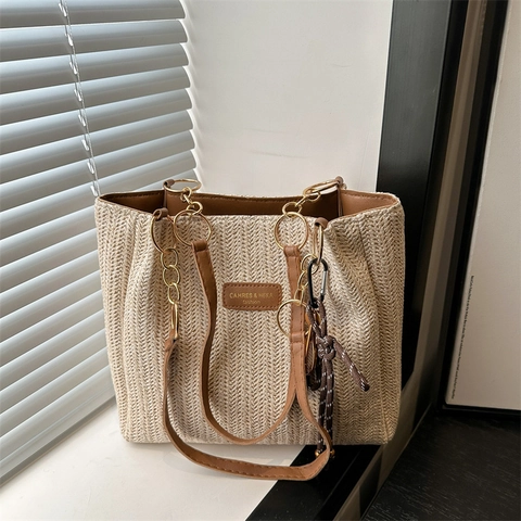 Große Kapazität Gewebte Stroh Tragetasche Für Damen Mode Urlaub Strand Schultertasche Mit Kettengurt Und Quasten Dekor
