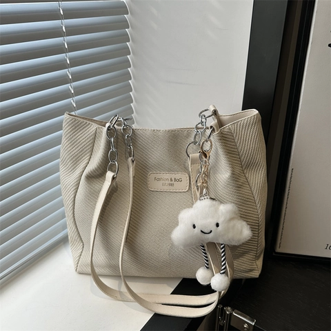 Borsa Tote in Velluto a Coste da Donna Grande Capacità Tracolla Con Catena in Metallo e Ciondolo a Nuvola Casual Urbana