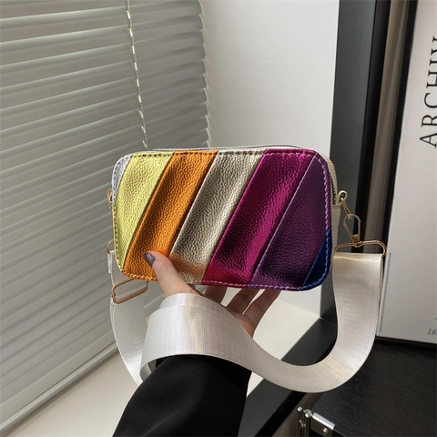Women Fashion Rainbow Diagonal Striped Crossbody Bag Metallic Litchi Texture PU Leather Camera Bag Wide Fabric Shoulder Strap