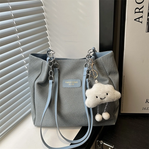 Gewebte Tragetasche Große Kapazität Cord Schulterhandtasche Metallkettenriemen Mit Wolkenanhänger Lässig Elegant Für Frauen
