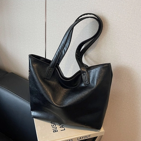 Large Capacity PU Leather Tote Bag Soft Simple Commute Shoulder Bag For Women Retro Style