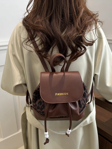 Retro Leopard Print Mini Backpack Women Fashion PU Leather Contrast Color Drawstring Small Rucksack For School Travel Daily Use