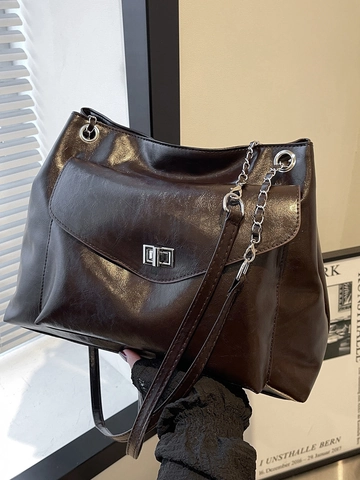 Large Capacity PU Leather Tote Bag With Metal Chain Strap And Twist Lock Retro Commuter Shoulder Bag For Women