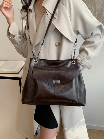 Large Capacity PU Leather Tote Bag With Metal Chain Strap And Twist Lock Retro Commuter Shoulder Bag For Women