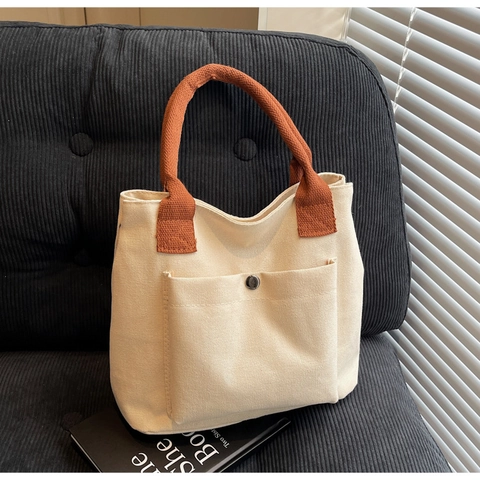Bolso Tote de Lona para Mujer Gran Capacidad Minimalista Con Bolsillo Frontal Botón de Metal Bolso de Hombro para Diario Viaje