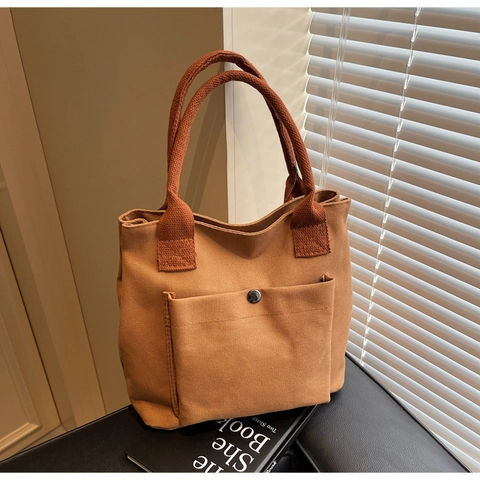 Bolso Tote de Lona para Mujer Gran Capacidad Minimalista Con Bolsillo Frontal Botón de Metal Bolso de Hombro para Diario Viaje