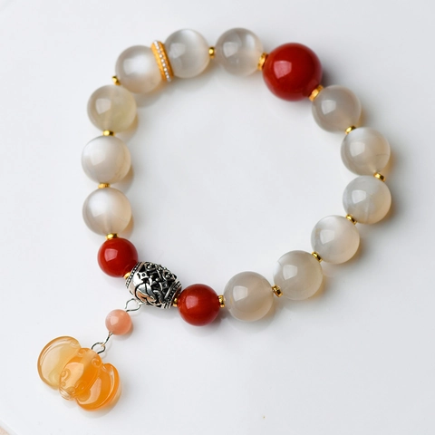 Bracciale Di Perline In Pietra Di Luna Naturale Con Agata Rossa E Pendente Zucca Gioielli Artigianali Stile Retrò