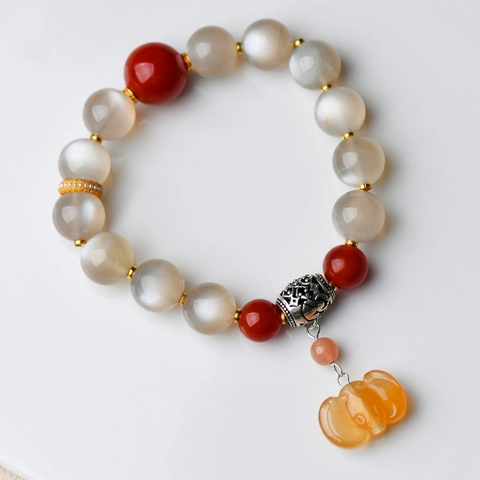 Bracciale Di Perline In Pietra Di Luna Naturale Con Agata Rossa E Pendente Zucca Gioielli Artigianali Stile Retrò