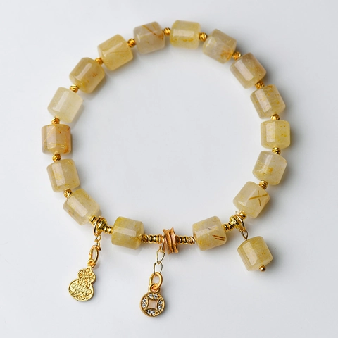 Natur Gold Rutilquarz Armband Mit Zylinderperlen Legierung Geringelter Anhänger Retro Ethno Stil Für Damen