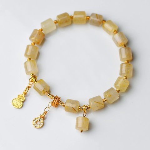 Natur Gold Rutilquarz Armband Mit Zylinderperlen Legierung Geringelter Anhänger Retro Ethno Stil Für Damen