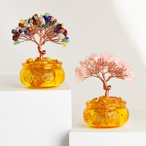 Arbre à Argent en Cristal Naturel Fait Main Fil de Cuivre Enveloppé Citrine Améthyste Quartz Rose Arbre Feng Shui Base de Résine Maison