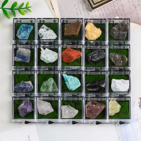 Natural Crystal Raw Stone Mineral Specimen With Clear Acrylic Display Box Educational Science Kit Desktop Ornament