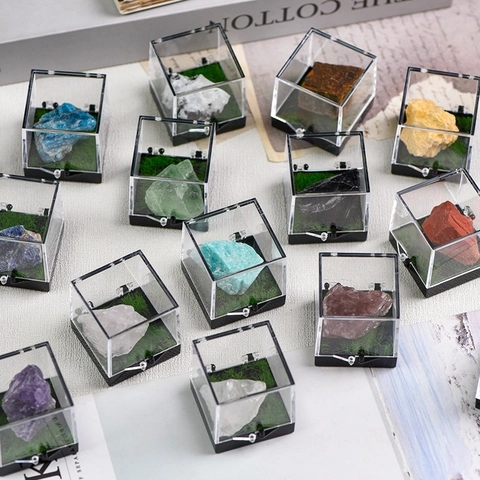 Natural Crystal Raw Stone Mineral Specimen With Clear Acrylic Display Box Educational Science Kit Desktop Ornament