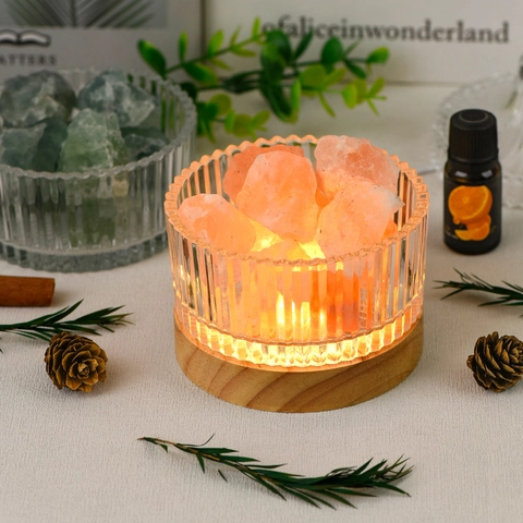Natural Crystal Stone Aromatherapy Diffuser Lamp With USB Wooden Base Ribbed Glass Bowl Night Light For Home Office Healing Gift