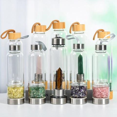 Natural Crystal Infused Water Bottle Borosilicate Glass 304 Stainless Steel Gemstone Healing Energy Bottle With Sleeve