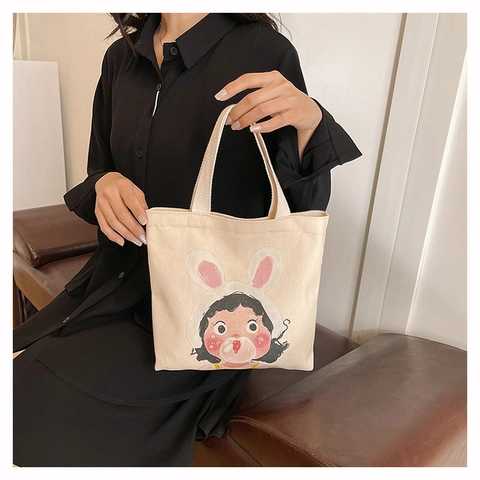 Süßes Cartoon Mädchen Illustration Segeltuch Einkaufstasche Lustige Kleine Handtasche Lässige Studenten Lunchpaket Tasche