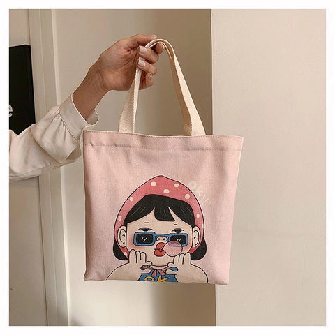 Süßes Cartoon Mädchen Illustration Segeltuch Einkaufstasche Lustige Kleine Handtasche Lässige Studenten Lunchpaket Tasche