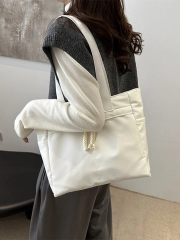 Borsa Tote In Nylon Capiente Borsa A Spalla Minimalista Con Decorazione In Corda Intrecciata E Tasche Laterali Per Scuola