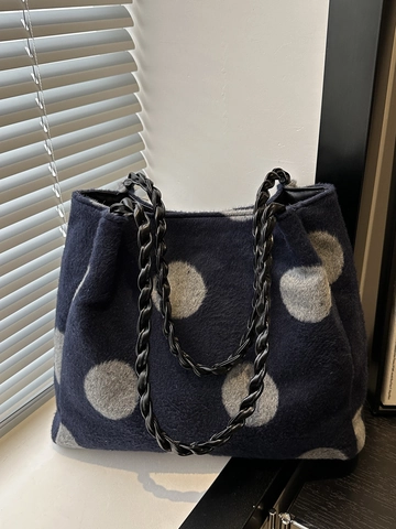 Retro Polka Dot Plush Tote Bag For Women Large Capacity Shoulder Bag With Braided Chain Handle Fashion Casual Handbag