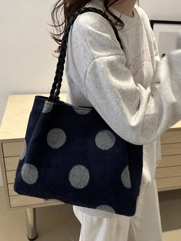 Retro Polka Dot Plush Tote Bag For Women Large Capacity Shoulder Bag With Braided Chain Handle Fashion Casual Handbag