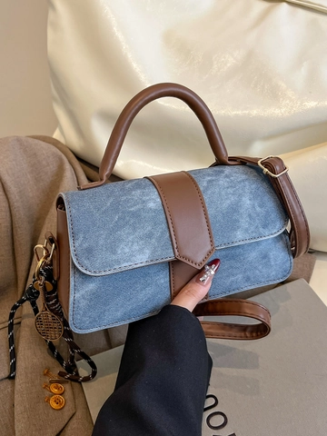 Vintage Denim Splicing PU Leather Small Square Bag For Women Contrast Color Crossbody Bag With Metal Charm Shoulder Bag