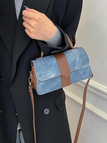 Vintage Denim Splicing PU Leather Small Square Bag For Women Contrast Color Crossbody Bag With Metal Charm Shoulder Bag