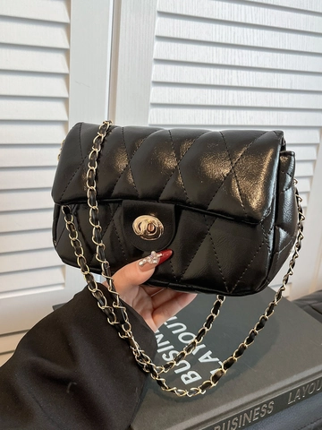 Women Quilted Rhombus Crossbody Bag Glossy PU Leather Chain Strap Shoulder Purse Vintage Turn Lock Small Square Bag