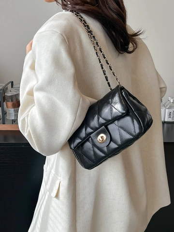 Women Quilted Rhombus Crossbody Bag Glossy PU Leather Chain Strap Shoulder Purse Vintage Turn Lock Small Square Bag