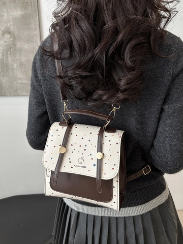 Mini Sac À Dos Pour Femmes En Cuir PU Color Block Polka Dot Style Preppy Rétro Petit Sac À Bandoulière Main