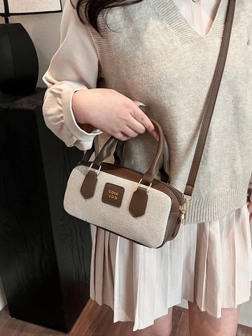 Borsa Boston Retrò Da Donna Tela Pelle PU Blocchi Di Colore Borsa A Mano Tracolla Con Tracolla Rimovibile Stile Vintage