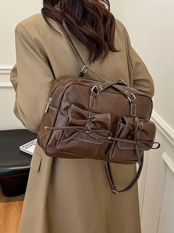 Borsa a Spalla da Donna in Pelle PU Vintage Grande Capacità Sottobraccio Con Tasche a Fiocco e Cuciture a Contrasto Tote