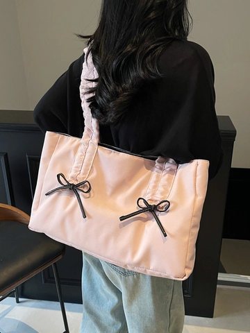 Sac Tote pour Femmes Avec Nœud Style Coréen Nylon Grande Capacité Sac à Épaule Sac à Main à Poignée Froncée Quotidien