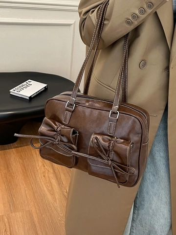 Borsa a Spalla da Donna in Pelle PU Vintage Grande Capacità Sottobraccio Con Tasche a Fiocco e Cuciture a Contrasto Tote
