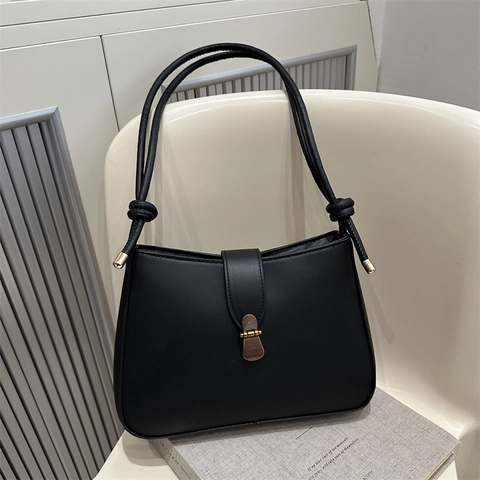 Vintage PU Leather Underarm Bag Minimalist Small Shoulder Crossbody Bag With Rope Knot Strap Retro Metal Buckle Women