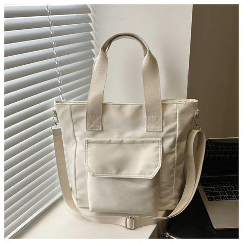 Grote Tote Bag Nylon Canvas Schoudertas Handtas Met Voorflapzak Commuter Casual Voor Dames