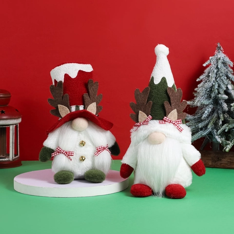Décoration Gnome de Noël Poupée sans Visage avec Bois Nœud Papillon à Carreaux et Cloche Dorée pour Maison Table de Fêtes