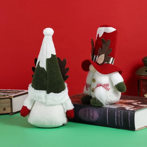 Décoration Gnome de Noël Poupée sans Visage avec Bois Nœud Papillon à Carreaux et Cloche Dorée pour Maison Table de Fêtes