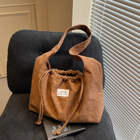 Women Large Capacity Corduroy Tote Bag Casual Drawstring Shoulder Bag Urban Minimalist Solid Color Hobo Bag For Daily Use