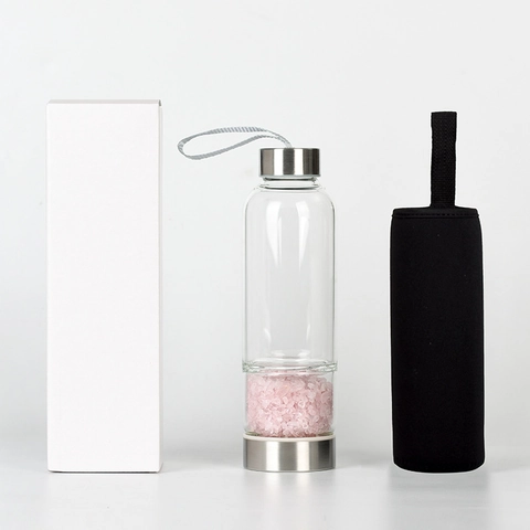 Natural Crystal Gravel Energy Glass Water Bottle Borosilicate Glass Stainless Steel Lid Portable Healing Bottle