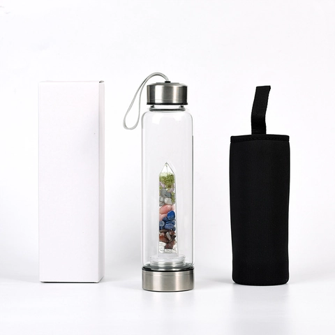 Natural Crystal Stone Energy Glass Water Bottle With Stainless Steel Lid Portable Carry Rope Heat Resistant Drinkware